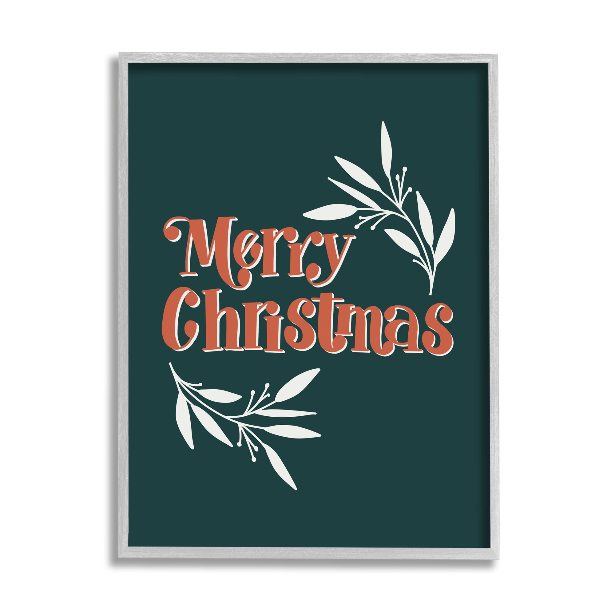 Stupell Industries Merry Christmas Phrase Festive Holiday Typography Plant Outline Novelty Painting Gray framed Art Print Wall Art, 11 x 14, Design by Amanda Houston