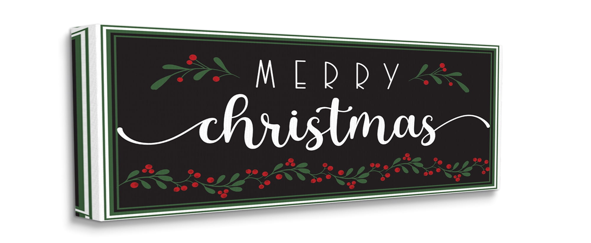 Stupell Industries Merry Christmas Phrase over Black Festive Holly Canvas Wall Art, 17 x 40, Design by AE Design