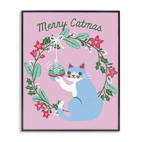 Stupell Industries Merry Christmas Pink Cat Holiday Painting Black Framed Art Prints Wall Art, 11 x 14