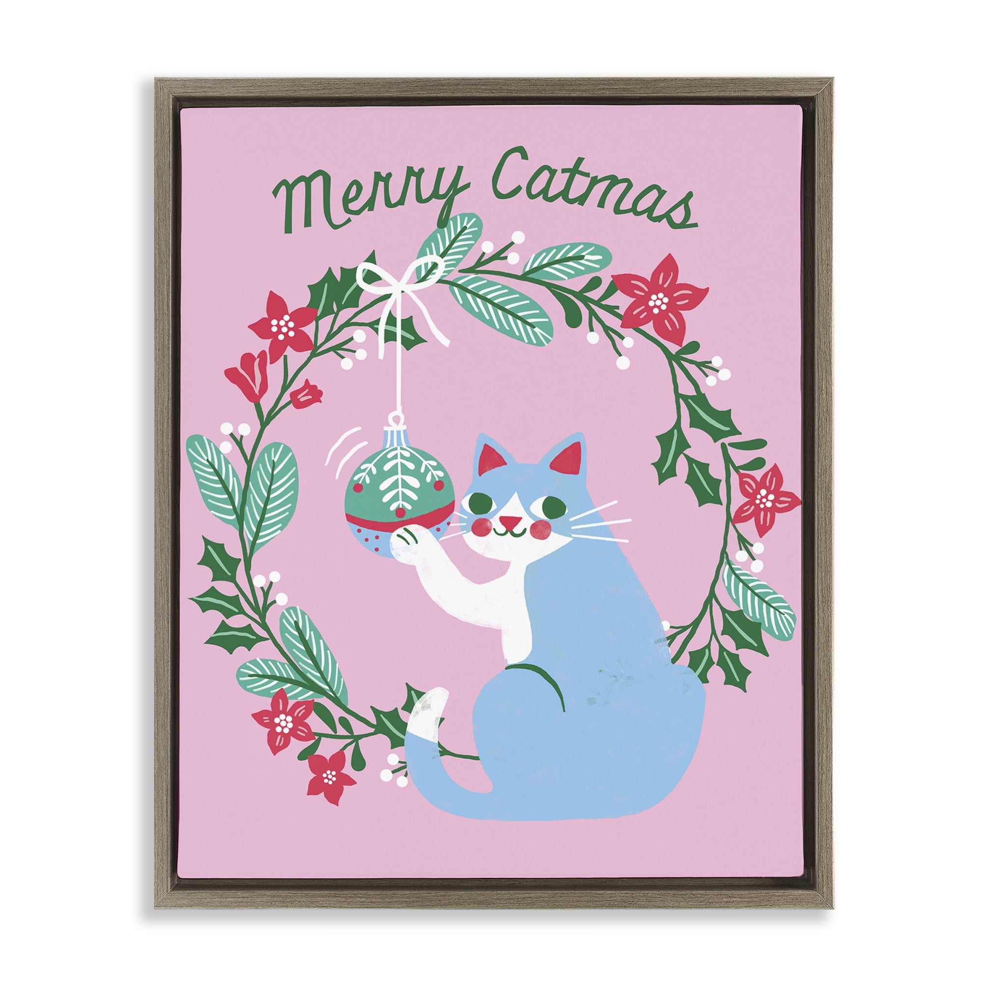 Stupell Industries Merry Christmas Pink Cat Holiday Painting Brown Floater Framed Canvas Art Prints Wall Art, 25 x 31