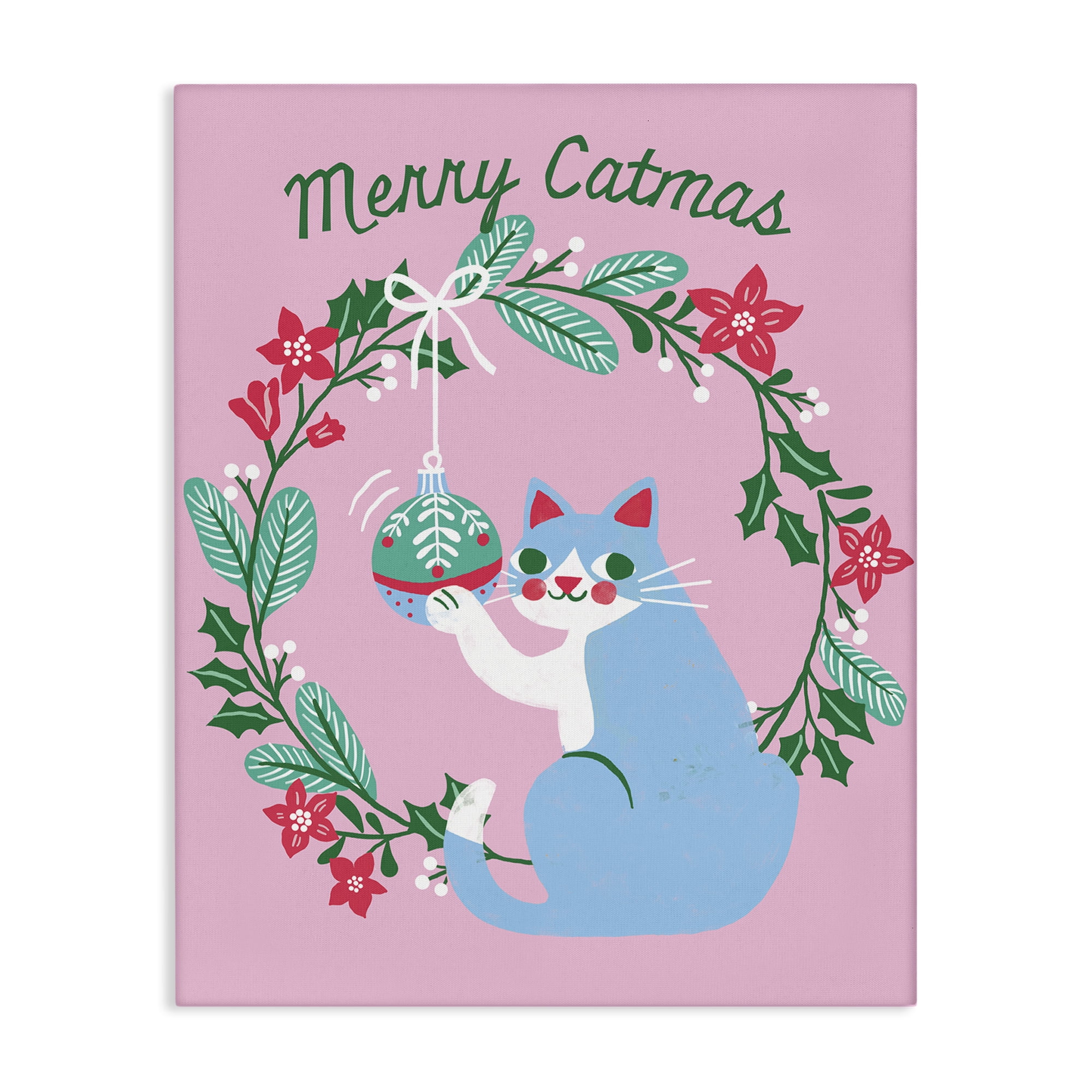 Stupell Industries Merry Christmas Pink Cat Holiday Painting Gallery Wrapped Canvas Art Prints Wall Art, 16 x 20