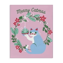 Stupell Industries Merry Christmas Pink Cat Holiday Painting Gallery Wrapped Canvas Art Prints Wall Art, 16 x 20