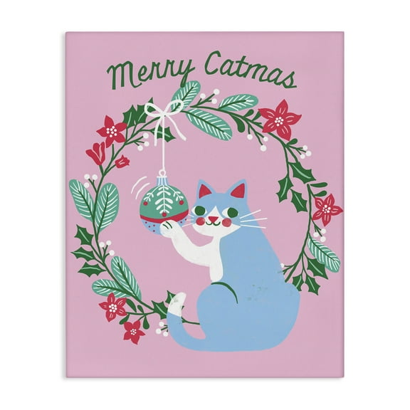 Stupell Industries Merry Christmas Pink Cat Holiday Painting Gallery Wrapped Canvas Art Prints Wall Art, 16 x 20