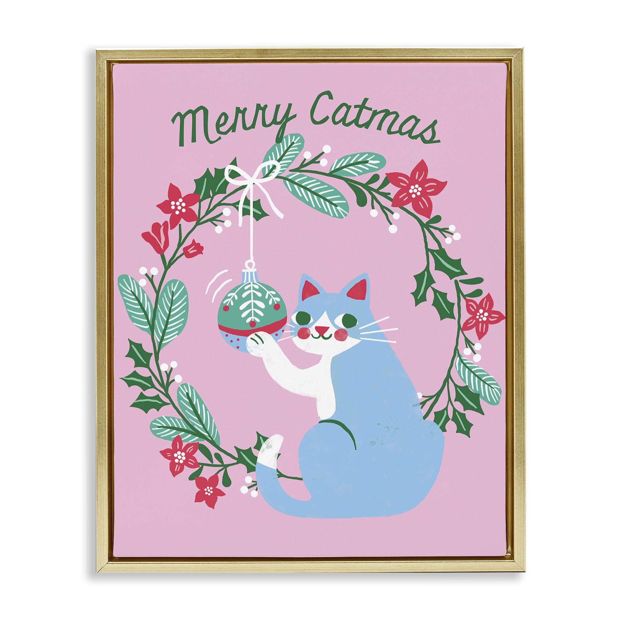 Stupell Industries Merry Christmas Pink Cat Holiday Painting Gold Floater Framed Canvas Art Prints Wall Art, 17 x 21
