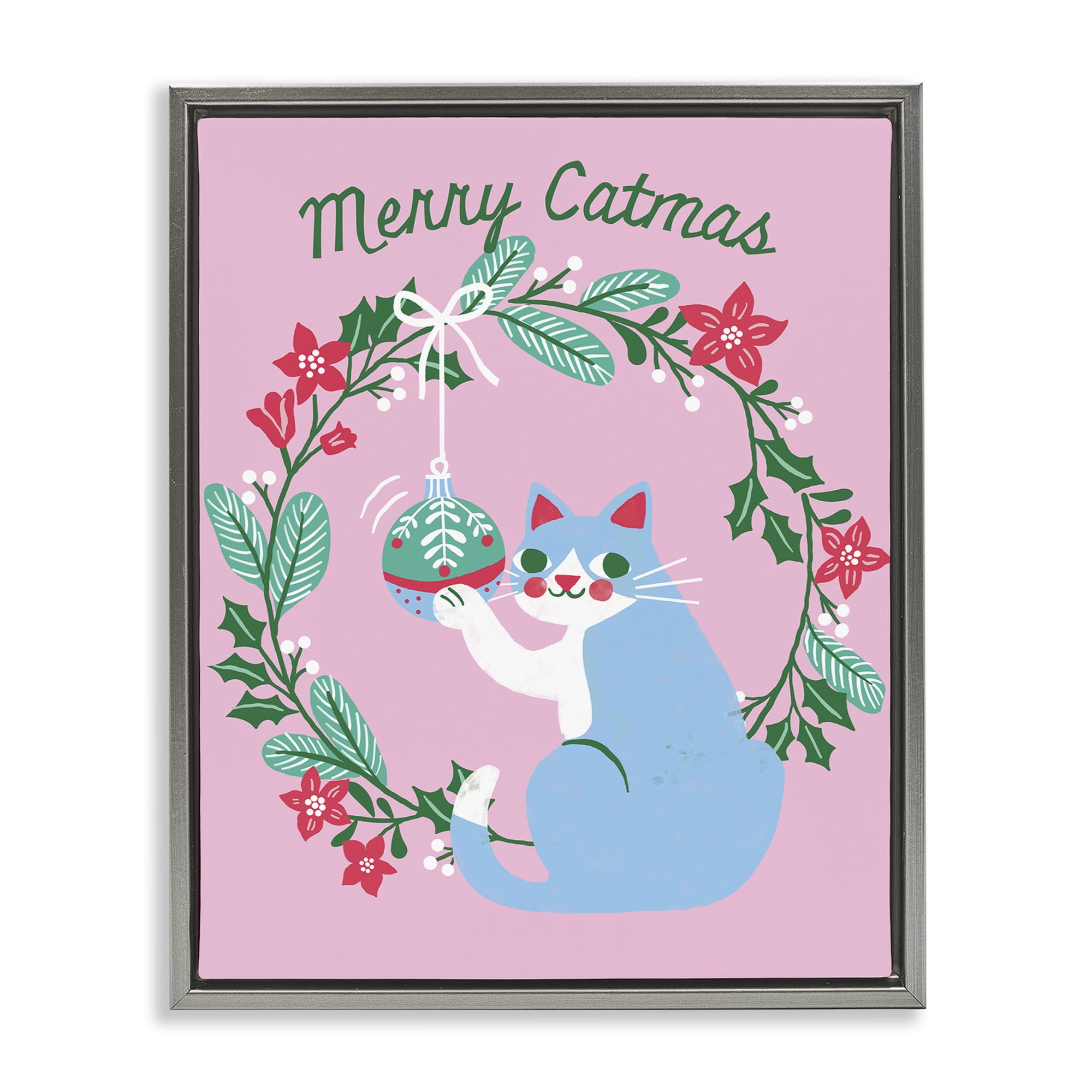 Stupell Industries Merry Christmas Pink Cat Holiday Painting Gray Floater Framed Canvas Art Prints Wall Art, 17 x 21
