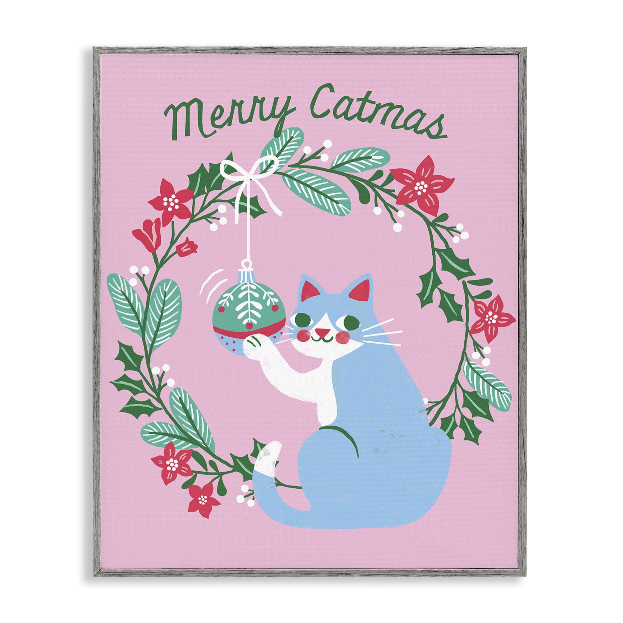 Stupell Industries Merry Christmas Pink Cat Holiday Painting Gray Framed Art Prints Wall Art, 24 x 30