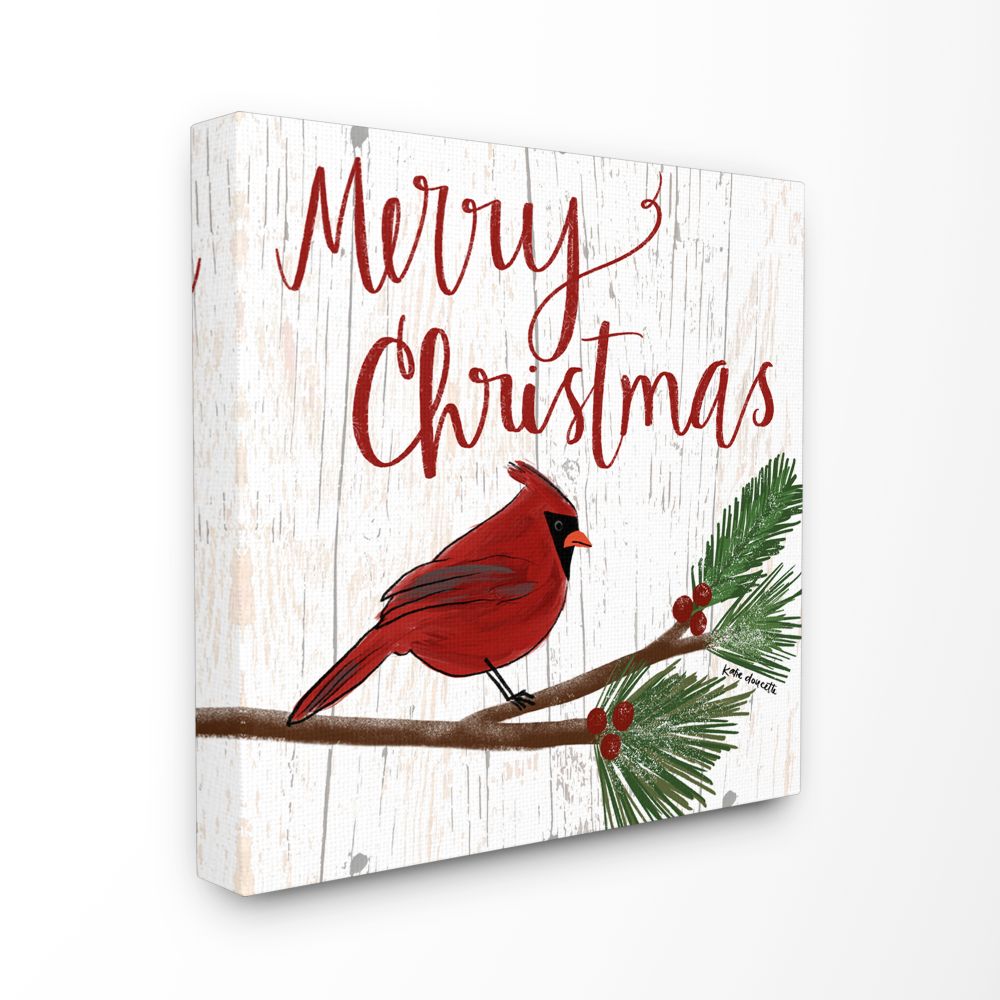 Stupell Industries Merry Christmas Red Bird Wood Texture Holiday Word DesignCanvas Wall Art By Artist Katie Doucette