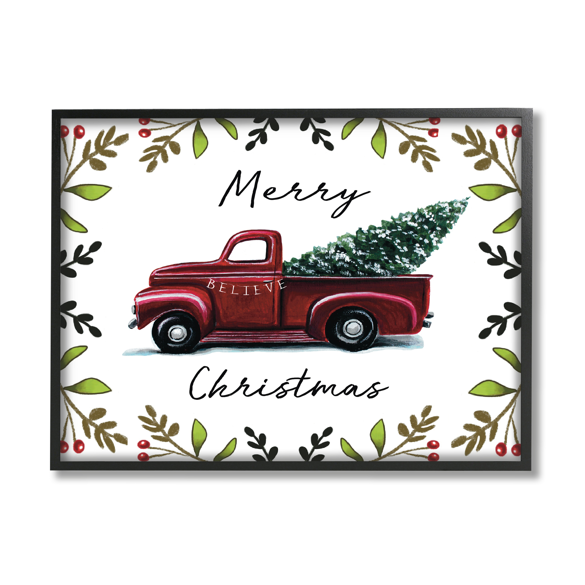 Stupell Industries Merry Christmas Red Holly Believe Farm Truck Transportation Painting Black Framed Art Print Wall Art, 11 x 14