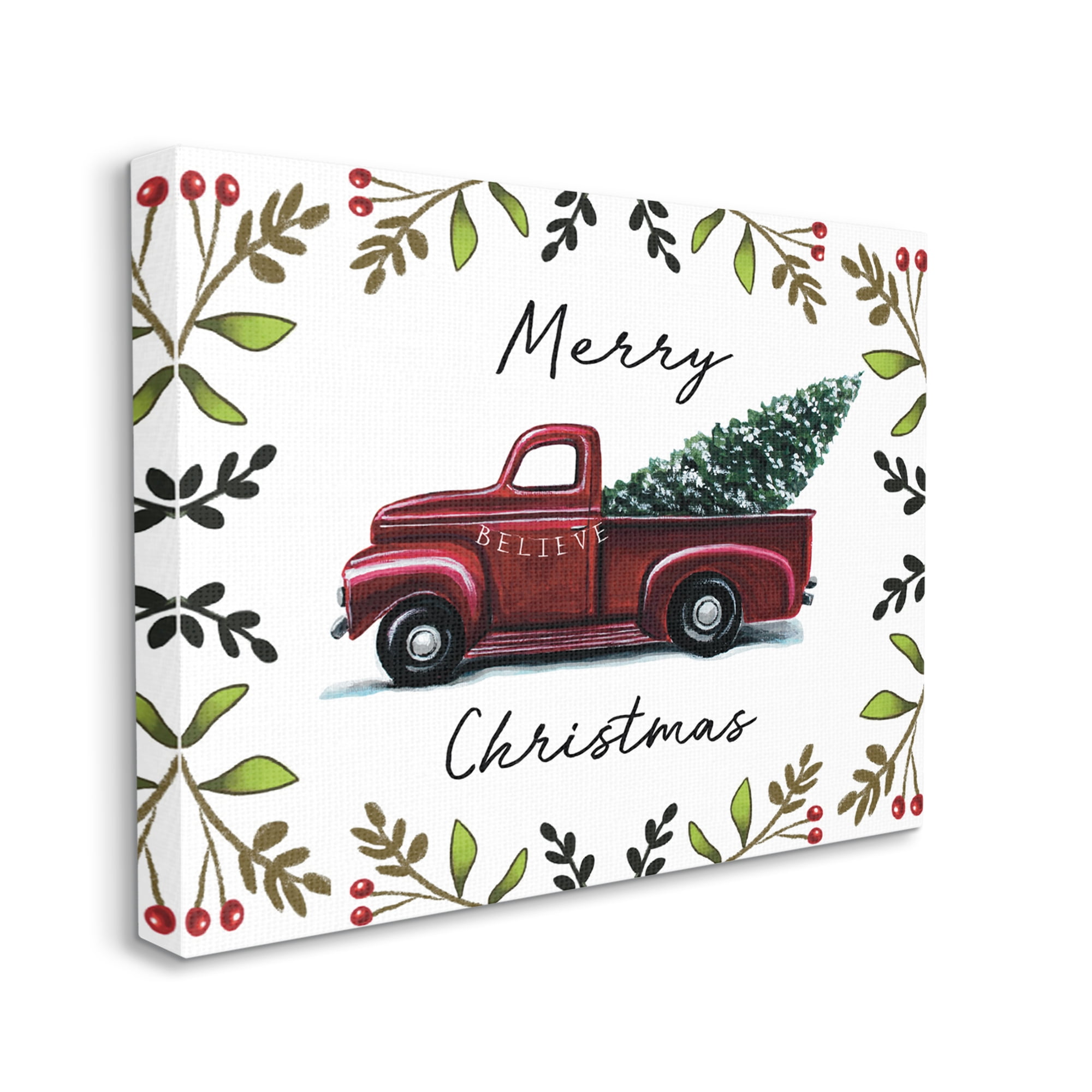 Stupell Industries Merry Christmas Red Holly Believe Farm Truck Transportation Painting Gallery Wrapped Canvas Print Wall Art, 36 x 48