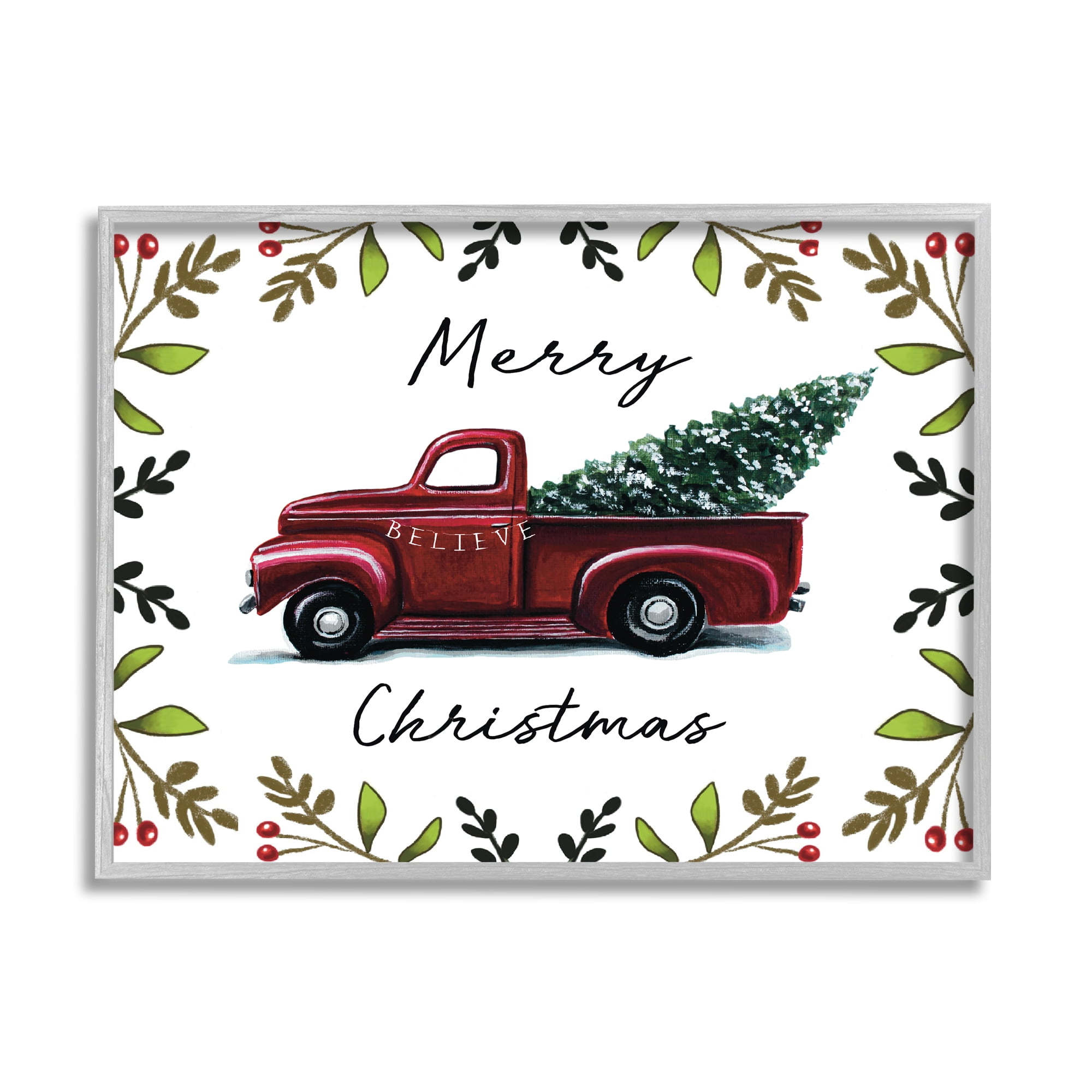 Stupell Industries Merry Christmas Red Holly Believe Farm Truck Transportation Painting Gray Framed Art Print Wall Art, 11 x 14