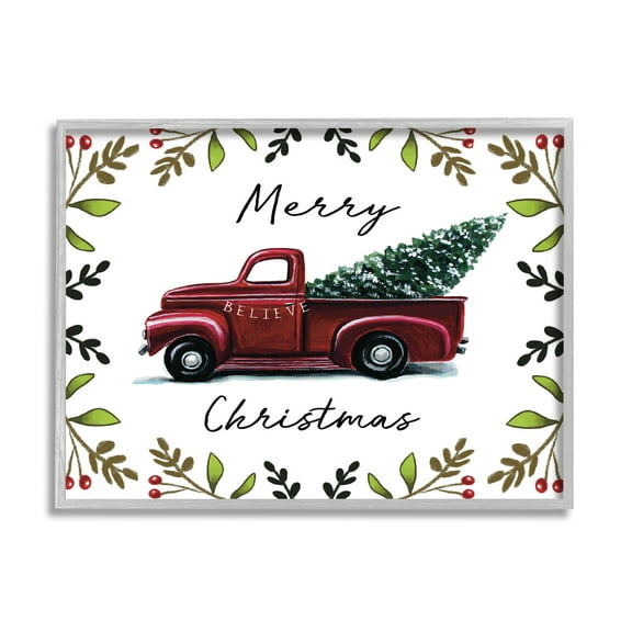 Stupell Industries Merry Christmas Red Holly Believe Farm Truck Transportation Painting Gray Framed Art Print Wall Art, 24 x 30