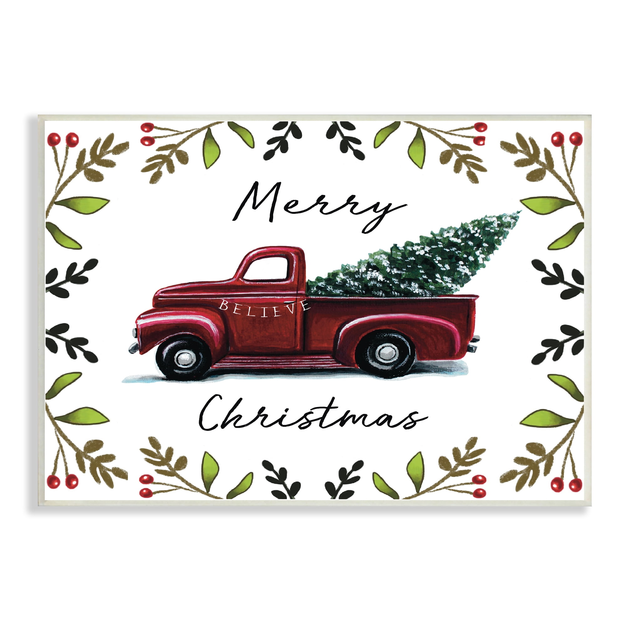 Stupell Industries Merry Christmas Red Holly Believe Farm Truck Transportation Painting Unframed Art Print Wall Art, 13 x 19
