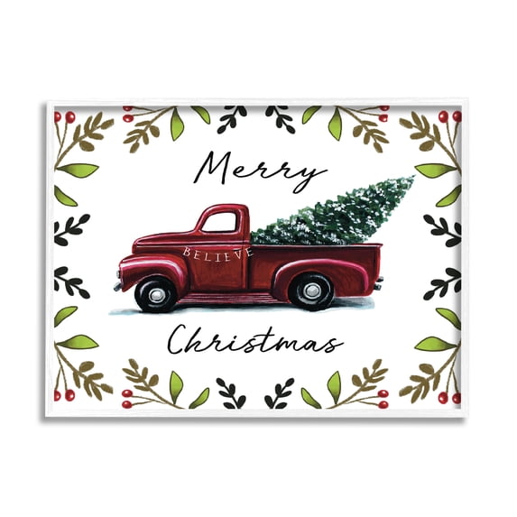 Stupell Industries Merry Christmas Red Holly Believe Farm Truck Transportation Painting White Framed Art Print Wall Art, 11 x 14