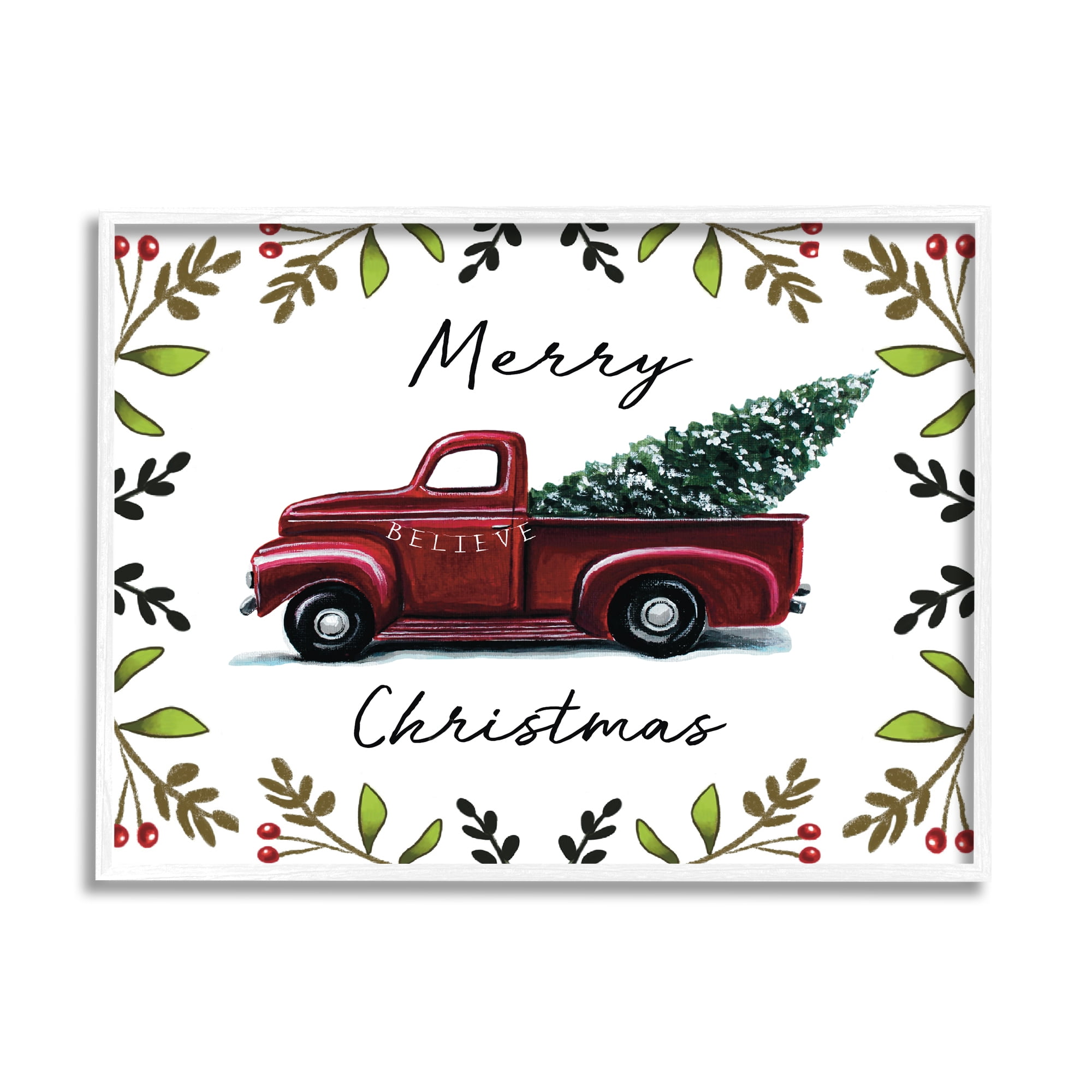 Stupell Industries Merry Christmas Red Holly Believe Farm Truck Transportation Painting White Framed Art Print Wall Art, 16 x 20