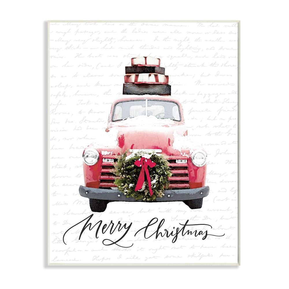 Stupell Industries Merry Christmas Red Truck Holiday Design Wood Wall Art By Artist Lettered and Lined