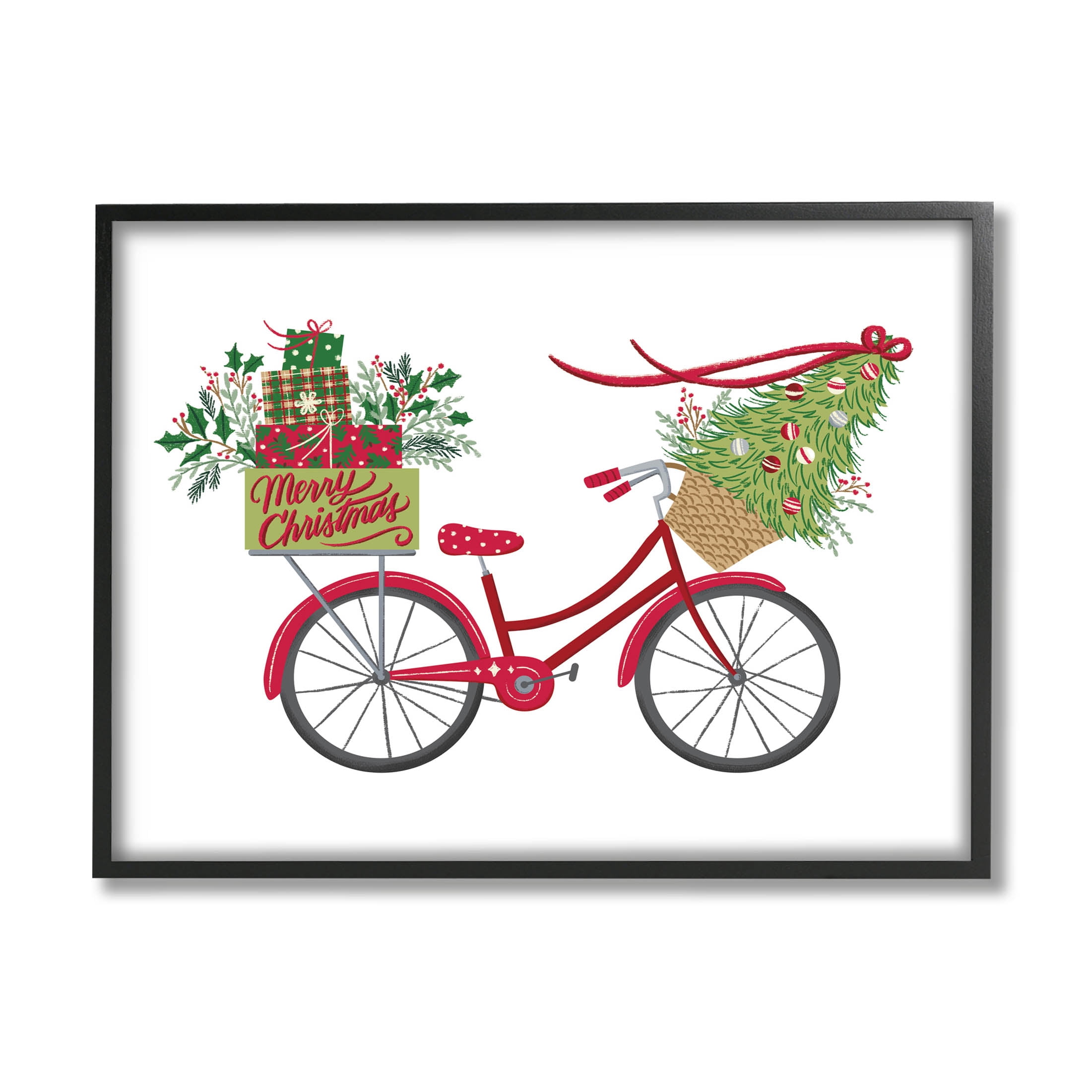 Stupell Industries Merry Christmas Seasonal Bicycle Graphic Art Black Framed Art Print Wall Art, Design by Amanda McGee