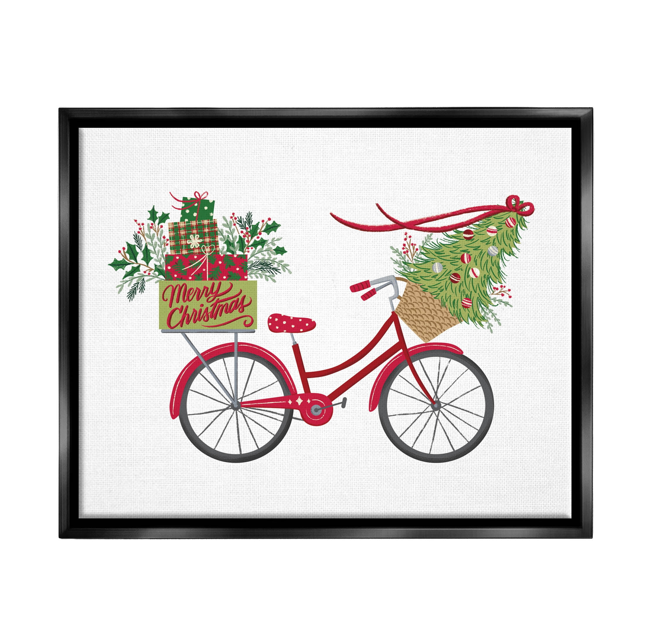 Stupell Industries Merry Christmas Seasonal Bicycle Graphic Art Jet Black Floating Framed Canvas Print Wall Art, Design by Amanda McGee