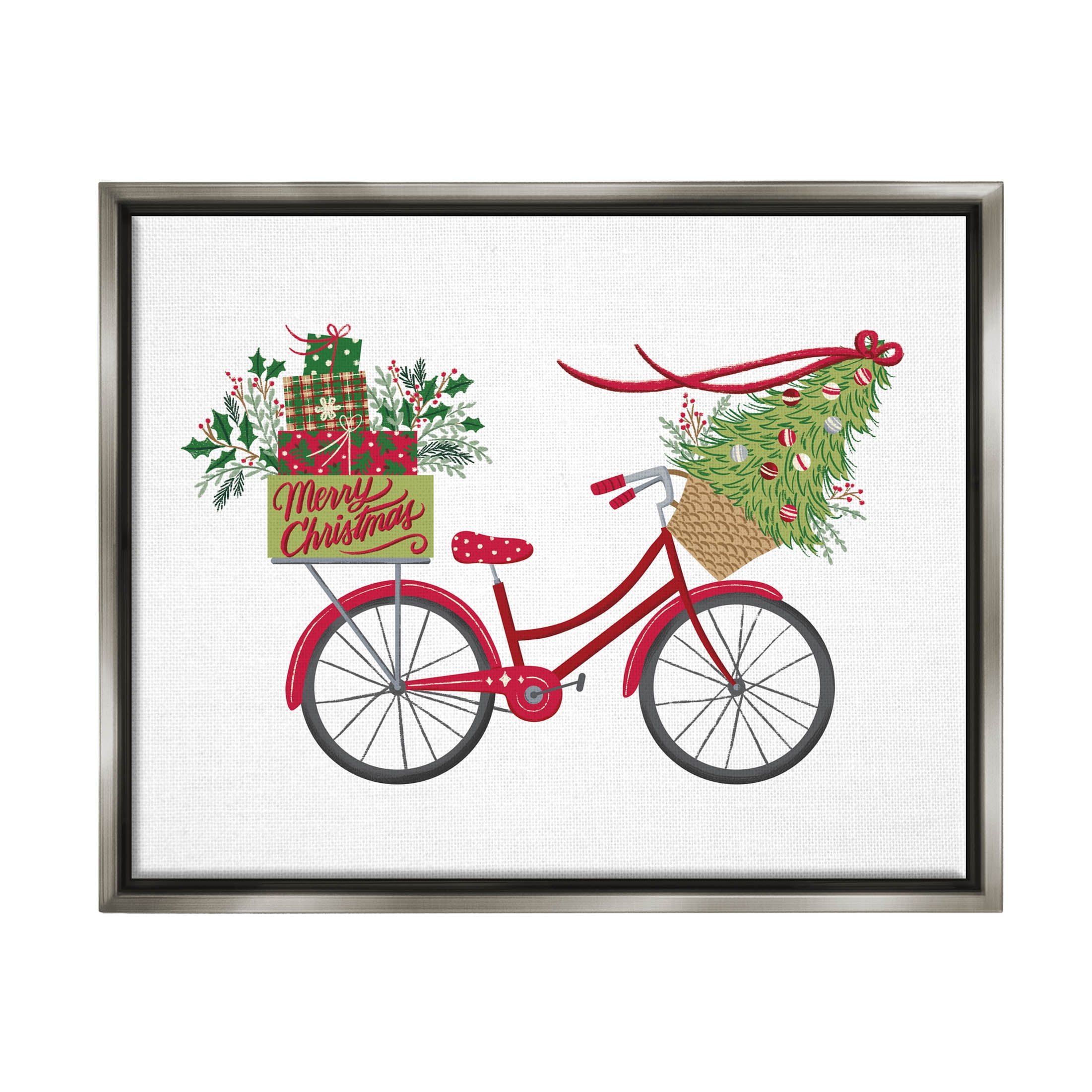 Stupell Industries Merry Christmas Seasonal Bicycle Graphic Art Luster Gray Floating Framed Canvas Print Wall Art, Design by Amanda McGee