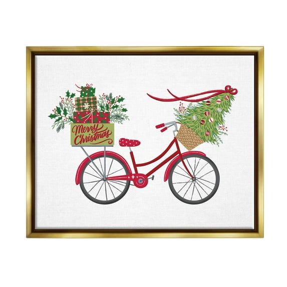 Stupell Industries Merry Christmas Seasonal Bicycle Graphic Art Metallic Gold Floating Framed Canvas Print Wall Art, Design by Amanda McGee