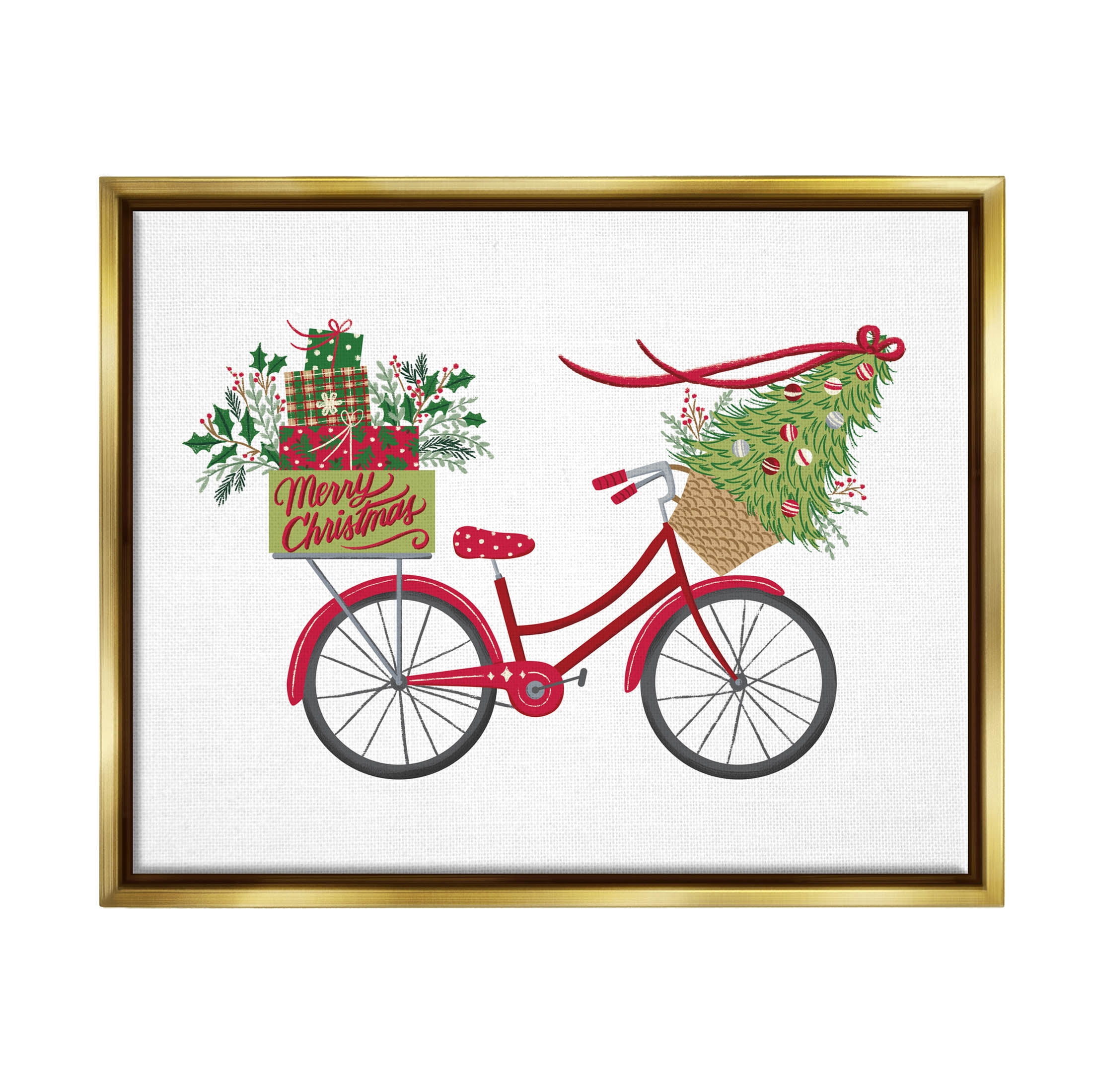 Stupell Industries Merry Christmas Seasonal Bicycle Graphic Art Metallic Gold Floating Framed Canvas Print Wall Art, Design by Amanda McGee