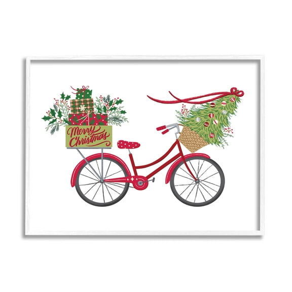 Stupell Industries Merry Christmas Seasonal Bicycle Graphic Art White Framed Art Print Wall Art, Design by Amanda McGee