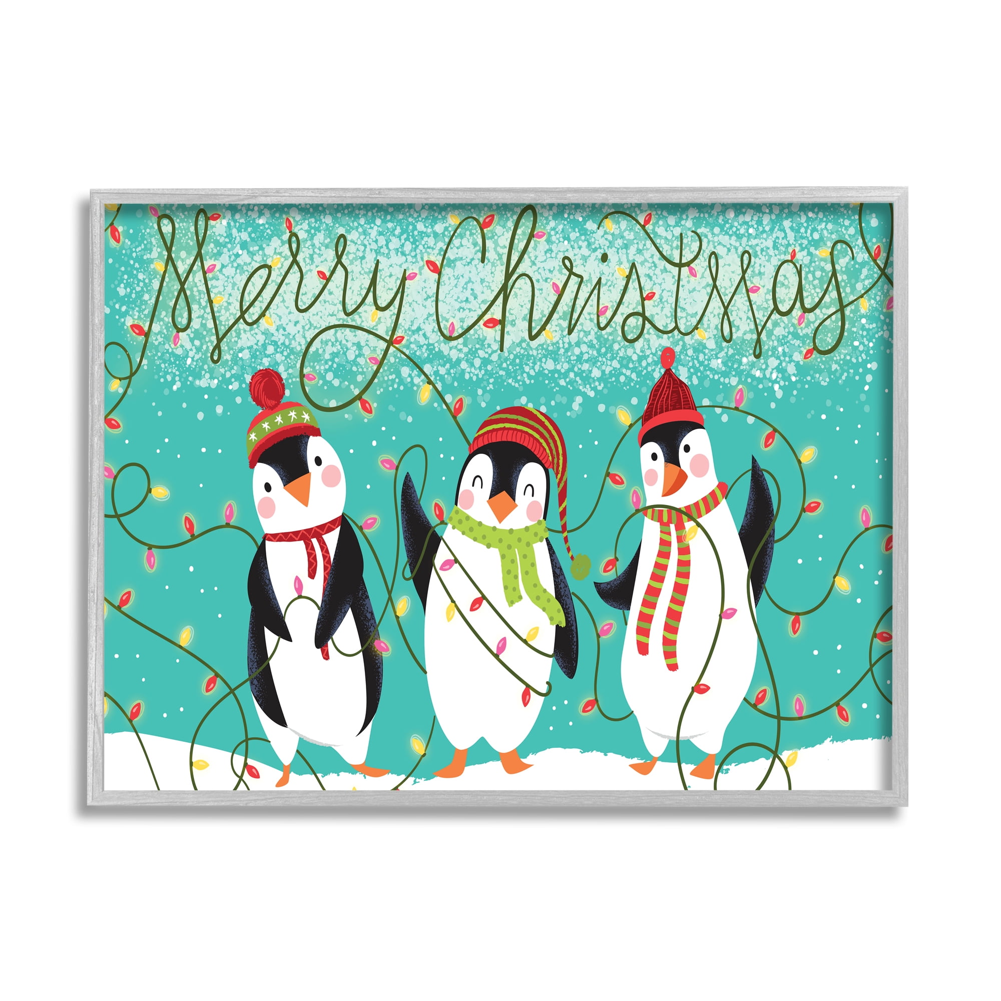 Stupell Industries Merry Christmas Sentiment Fun Playful Winter Penguins Coastal Painting Gray framed Art Print Wall Art, 11 x 14, Design by Arrolynn Weiderhold