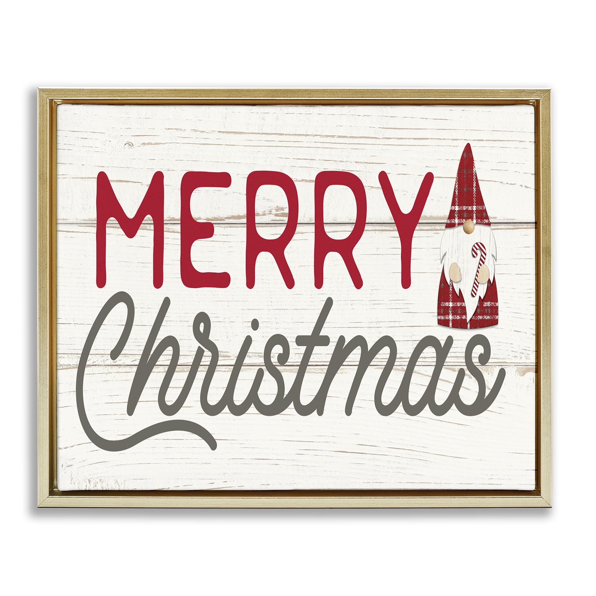 Stupell Industries Merry Christmas Sentiments Gnome Holiday Painting Gold Floater Framed Canvas Art Print Wall Art, 21 x 17