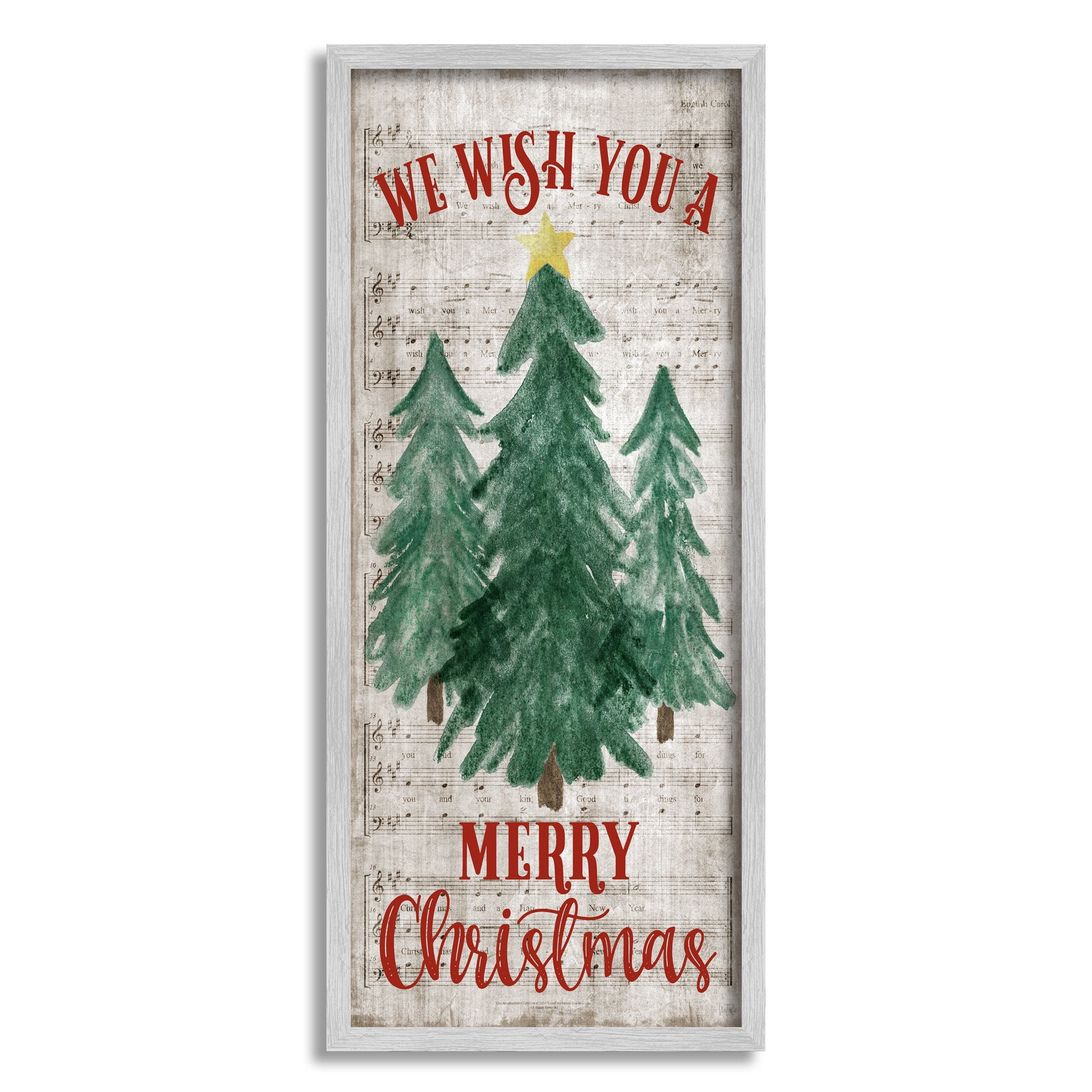 Stupell Industries Merry Christmas Sheet Music Holiday Painting Gray Framed Art Print Wall Art, 13 x 30