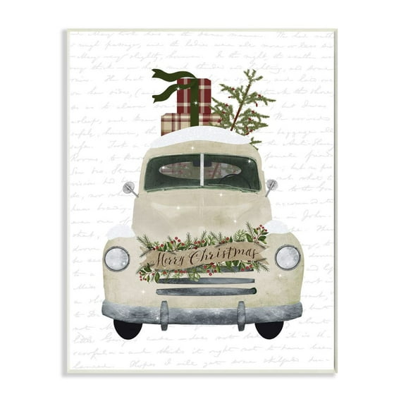 Stupell Industries Merry Christmas Snow Covered Truck Holiday Design Wood Wall Art By Artist Lettered and Lined