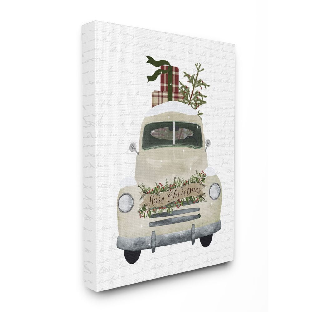 Stupell Industries Merry Christmas Snow Covered Truck Holiday DesignCanvas Wall Art By Artist Lettered and Lined