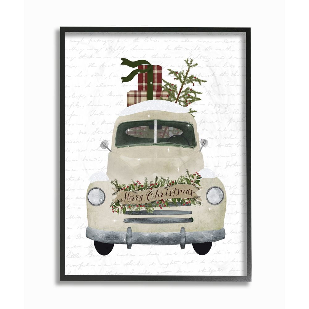 Stupell Industries Merry Christmas Snow Covered Truck Holiday DesignFramed Wall Art By Artist Lettered and Lined