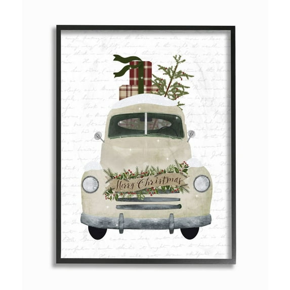 Stupell Industries Merry Christmas Snow Covered Truck Holiday DesignFramed Wall Art By Artist Lettered and Lined