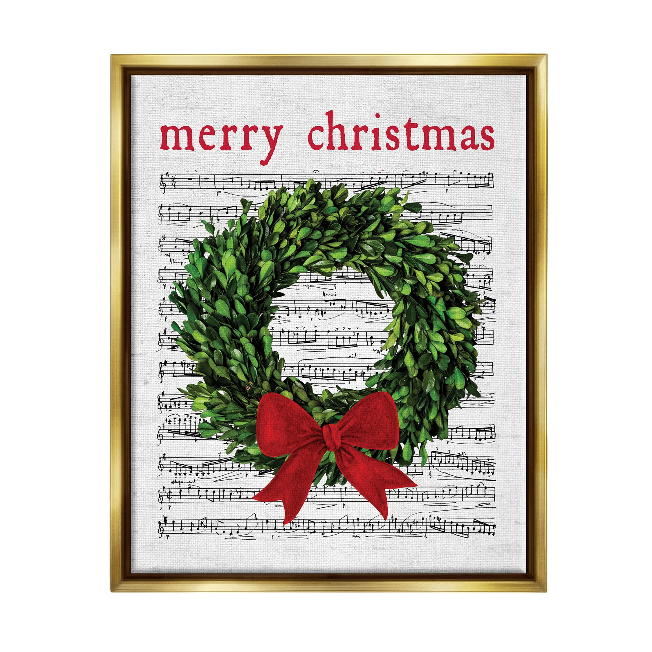 Stupell Industries Merry Christmas Song Wreath Graphic Art Metallic Gold Floating Framed Canvas Print Wall Art, Design by Lettered and Lined