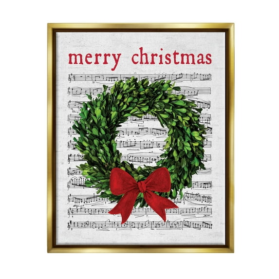 Stupell Industries Merry Christmas Song Wreath Graphic Art Metallic Gold Floating Framed Canvas Print Wall Art, Design by Lettered and Lined