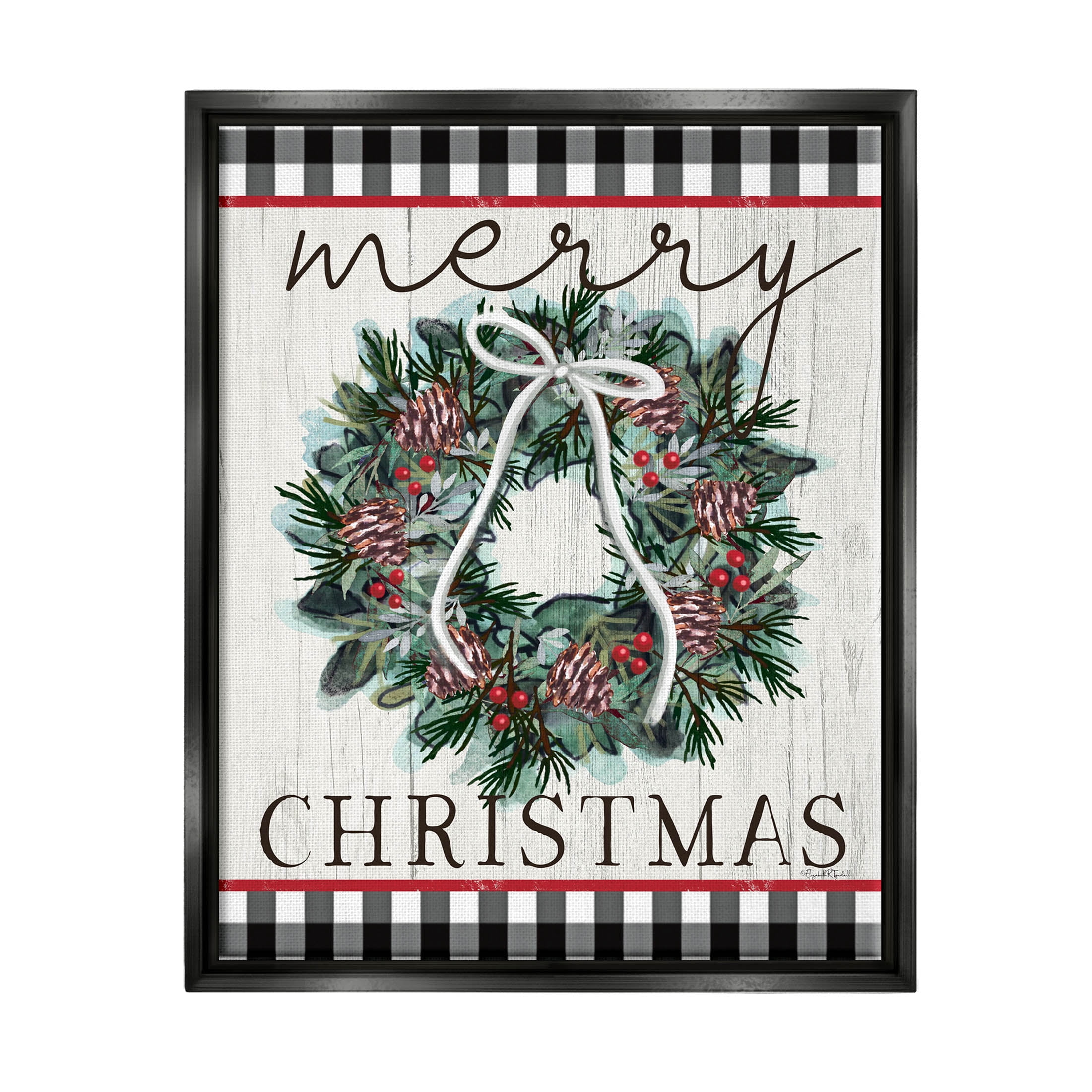 Stupell Industries Merry Christmas Tartan Wreath Graphic Art Jet Black Floating Framed Canvas Print Wall Art, Design by Elizabeth Tyndall