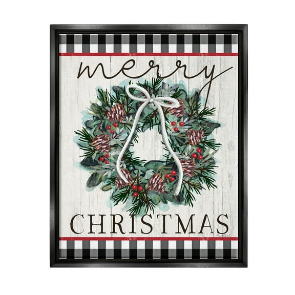 Stupell Industries Merry Christmas Tartan Wreath Graphic Art Jet Black Floating Framed Canvas Print Wall Art, Design by Elizabeth Tyndall