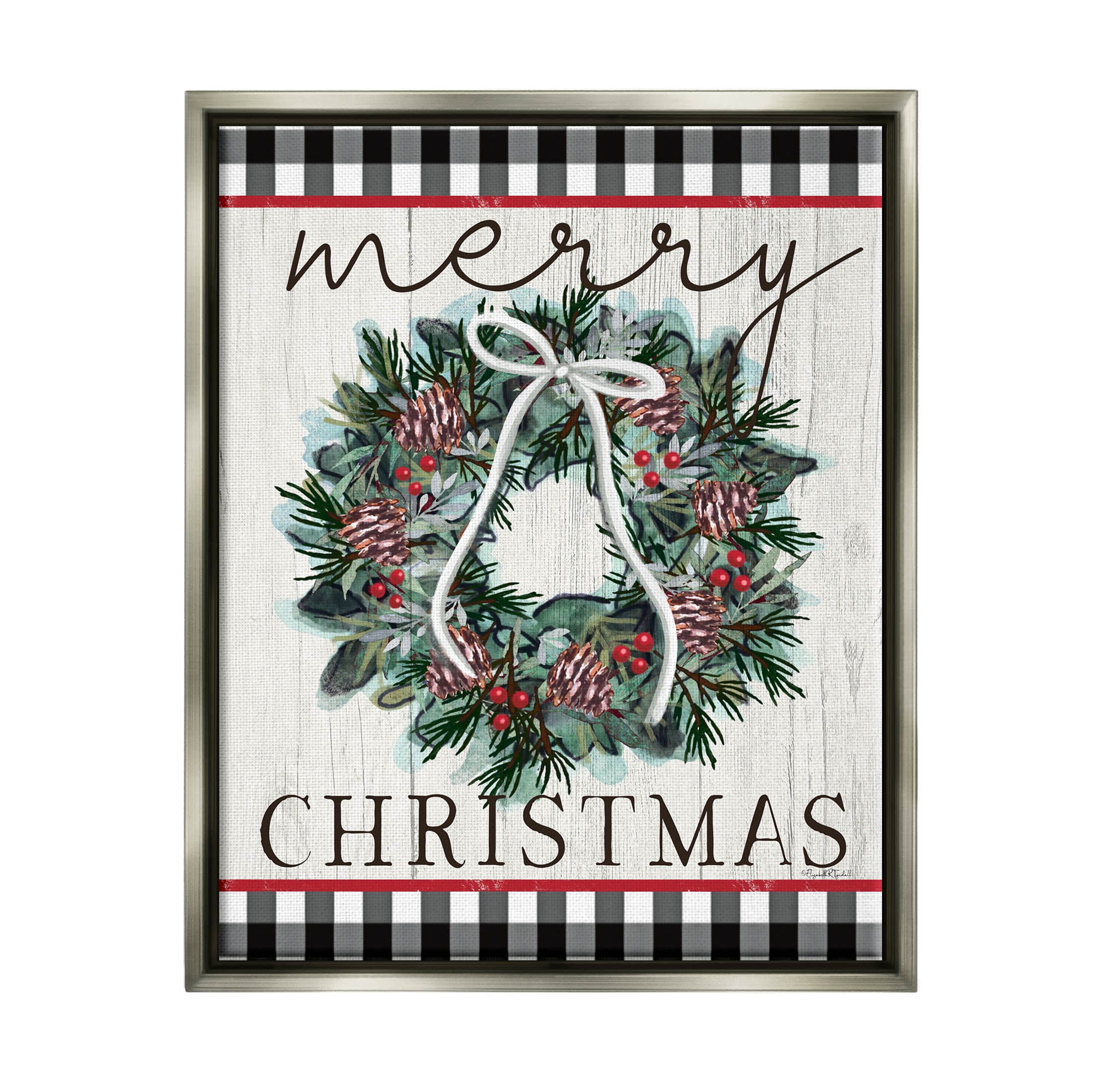 Stupell Industries Merry Christmas Tartan Wreath Graphic Art Luster Gray Floating Framed Canvas Print Wall Art, Design by Elizabeth Tyndall