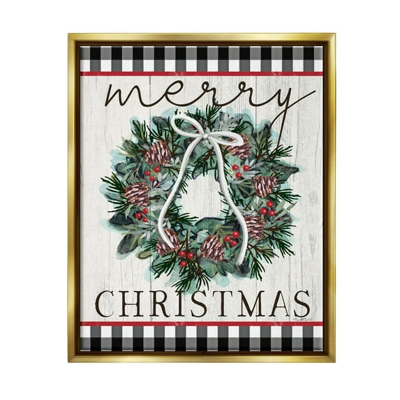 Stupell Industries Merry Christmas Tartan Wreath Graphic Art Metallic Gold Floating Framed Canvas Print Wall Art, Design by Elizabeth Tyndall