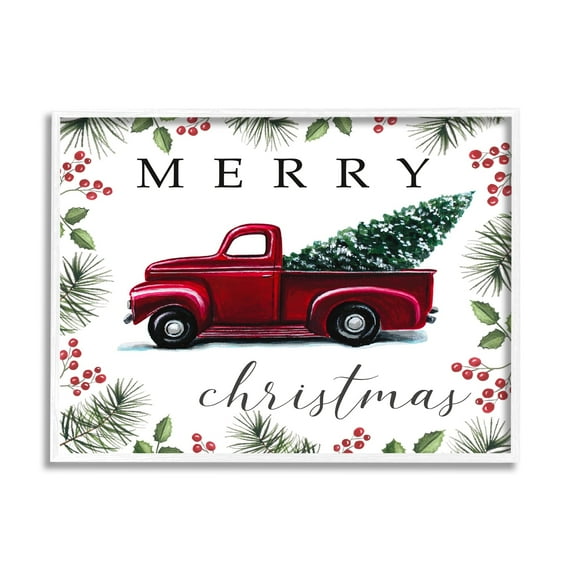 Stupell Industries Merry Christmas Traditional Red Truck Winter Holly Border, 14 x 11,Design by Elizabeth Tyndall