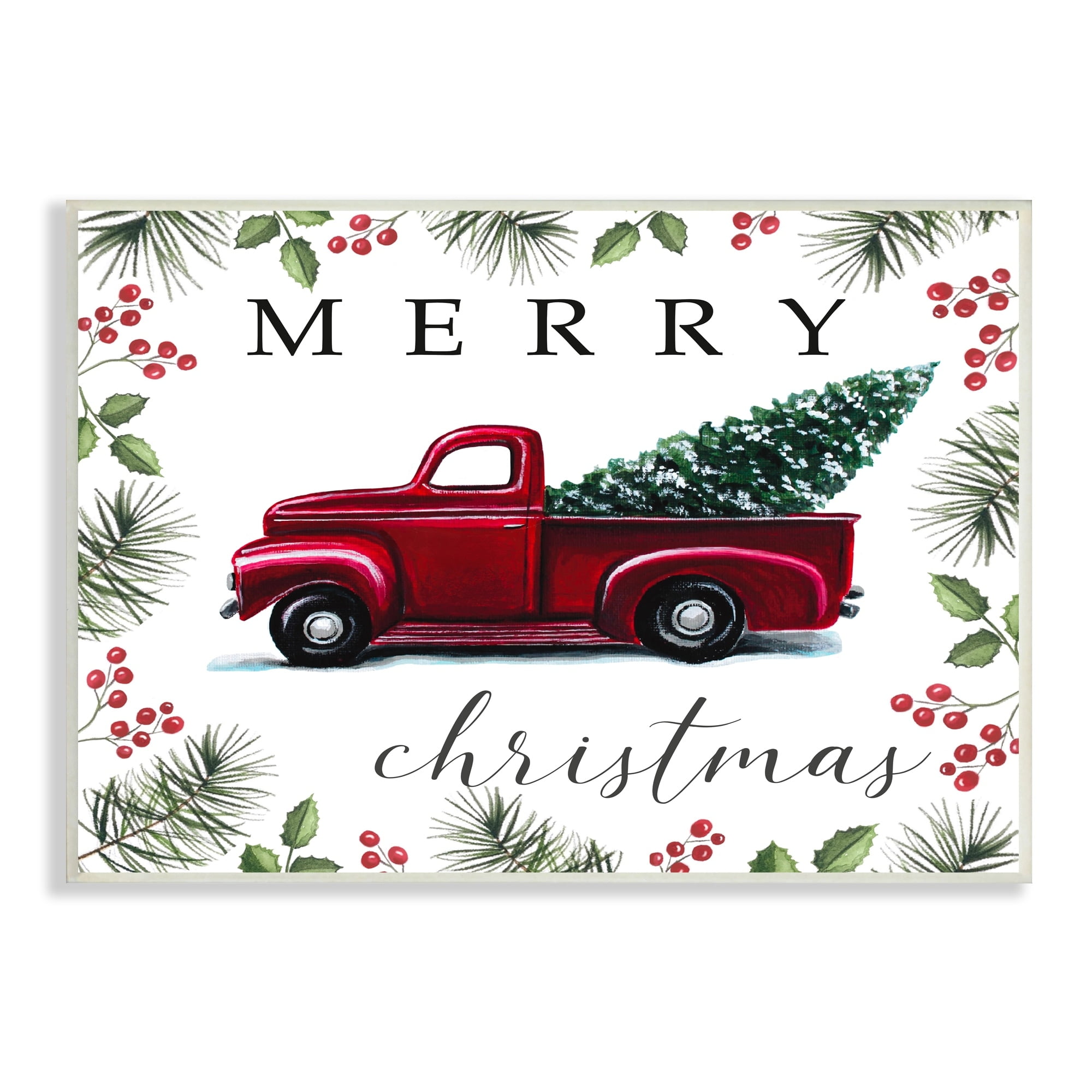Stupell Industries Merry Christmas Traditional Red Truck Winter Holly Border, 15 x 10,Design by Elizabeth Tyndall