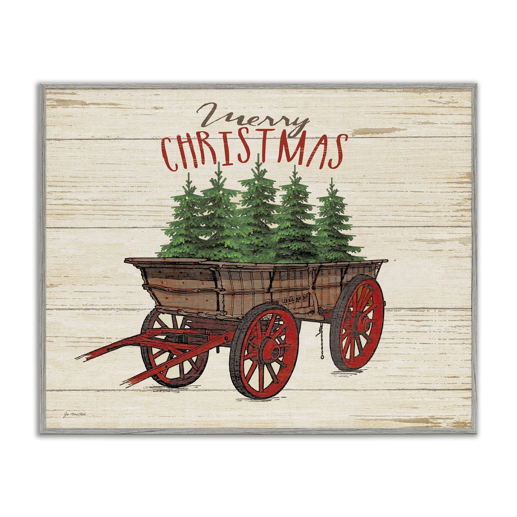 Stupell Industries Merry Christmas Tree Wagon Graphic Art Gray Framed Art Print Wall Art, 24x30, by Jo Moulton