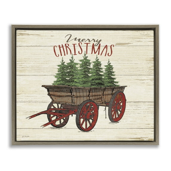 Stupell Industries Merry Christmas Tree Wagon Holiday Painting Brown Floater Framed Canvas Art Print Wall Art, 21 x 17