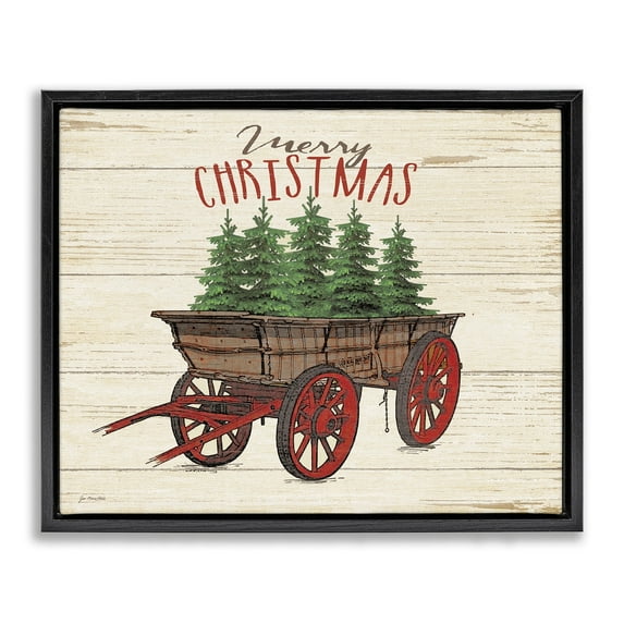 Stupell Industries Merry Christmas Tree Wagon Jet Black Framed Floating Canvas Wall Art, 16x20, by Jo Moulton