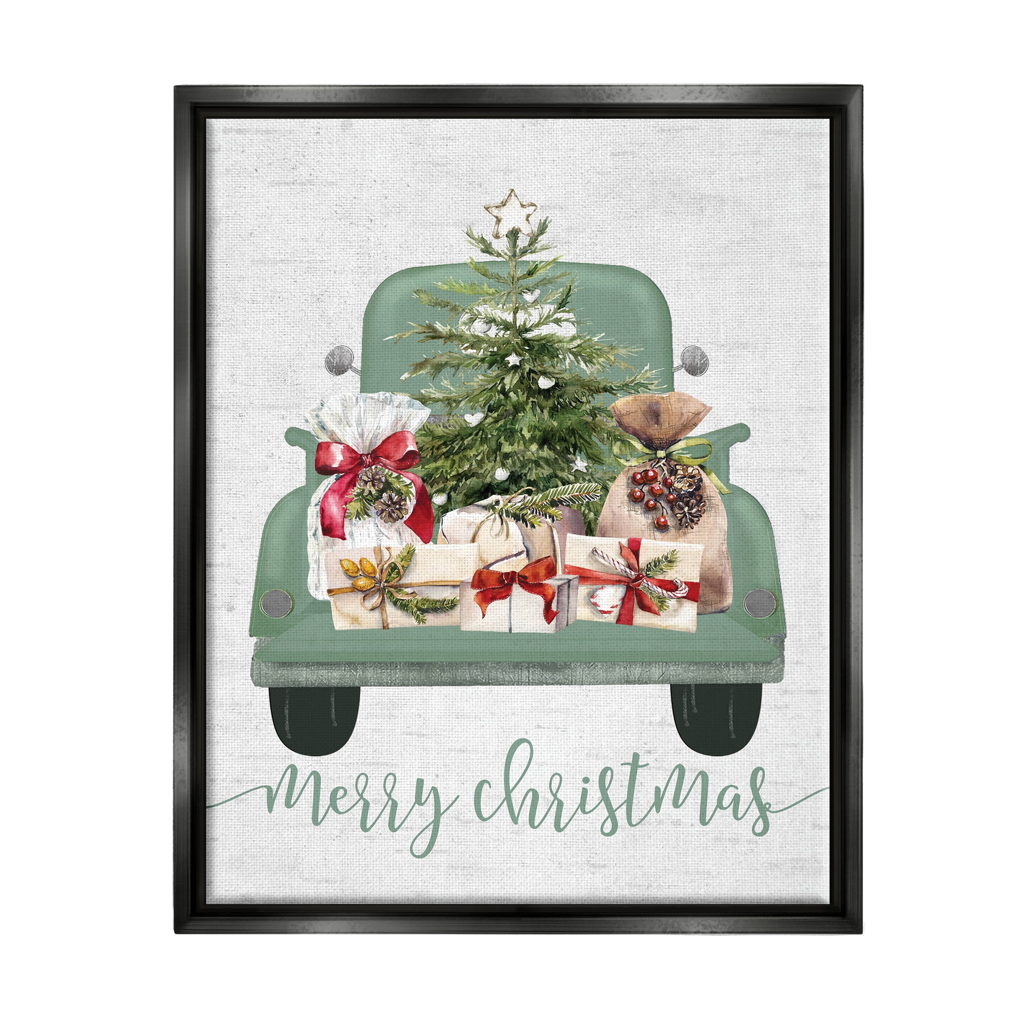 Stupell Industries Merry Christmas Truck Holiday Painting Black Floater Framed Canvas Art Print Wall Art, 17 x 21