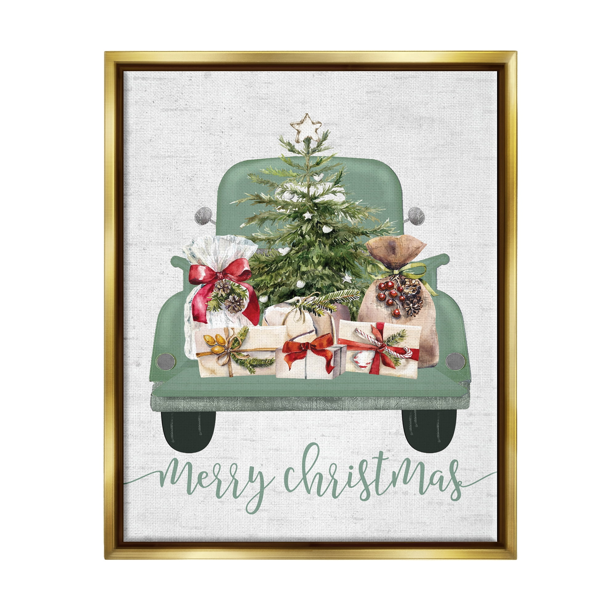 Stupell Industries Merry Christmas Truck Holiday Painting Gold Floater Framed Canvas Art Print Wall Art, 25 x 31