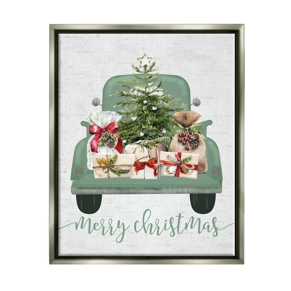 Stupell Industries Merry Christmas Truck Holiday Painting Gray Floater Framed Canvas Art Print Wall Art, 17 x 21