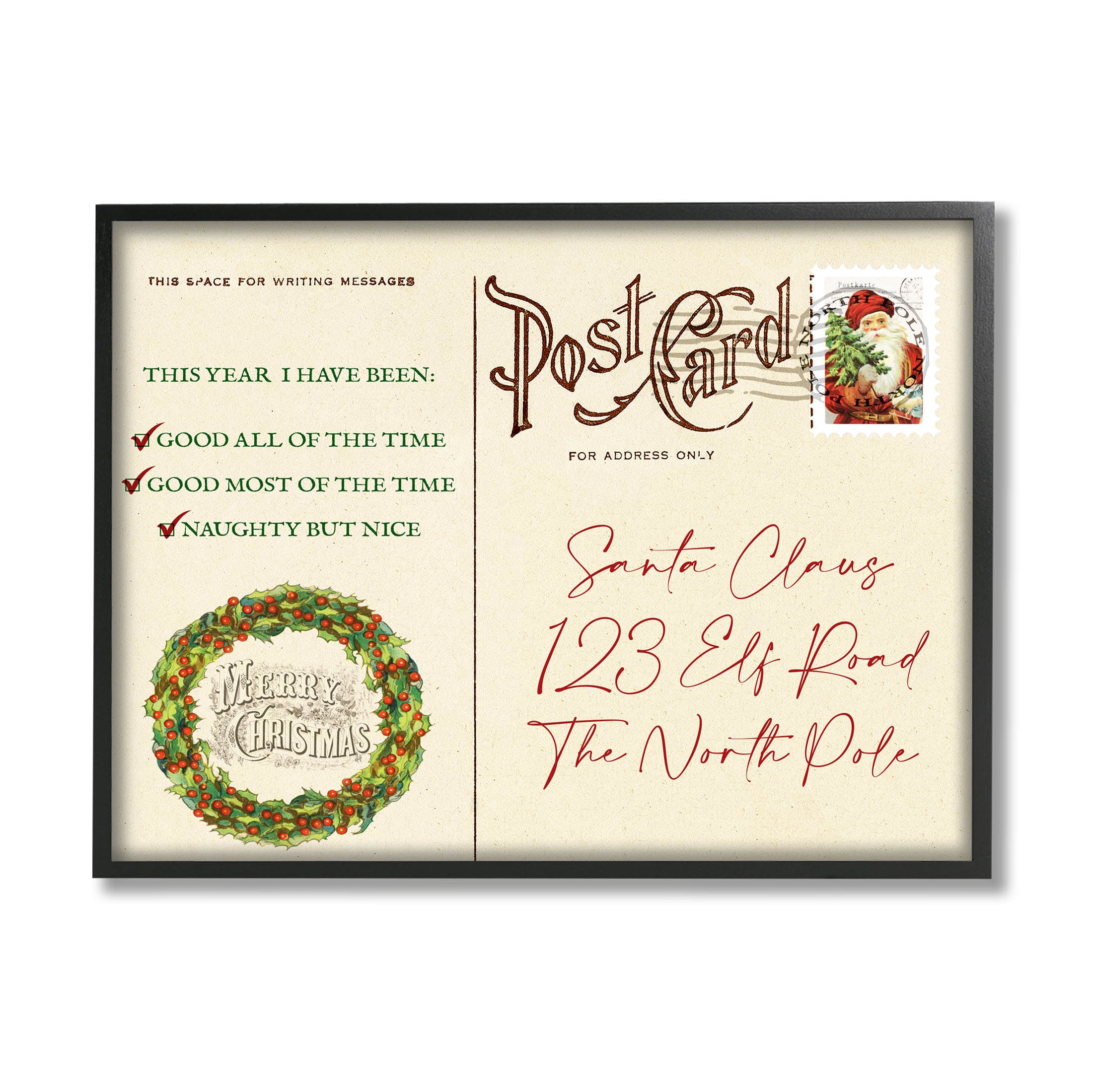 Stupell Industries Merry Christmas Vintage Postcard Graphic Art Black Framed Art Print Wall Art, Design by Lil' Rue