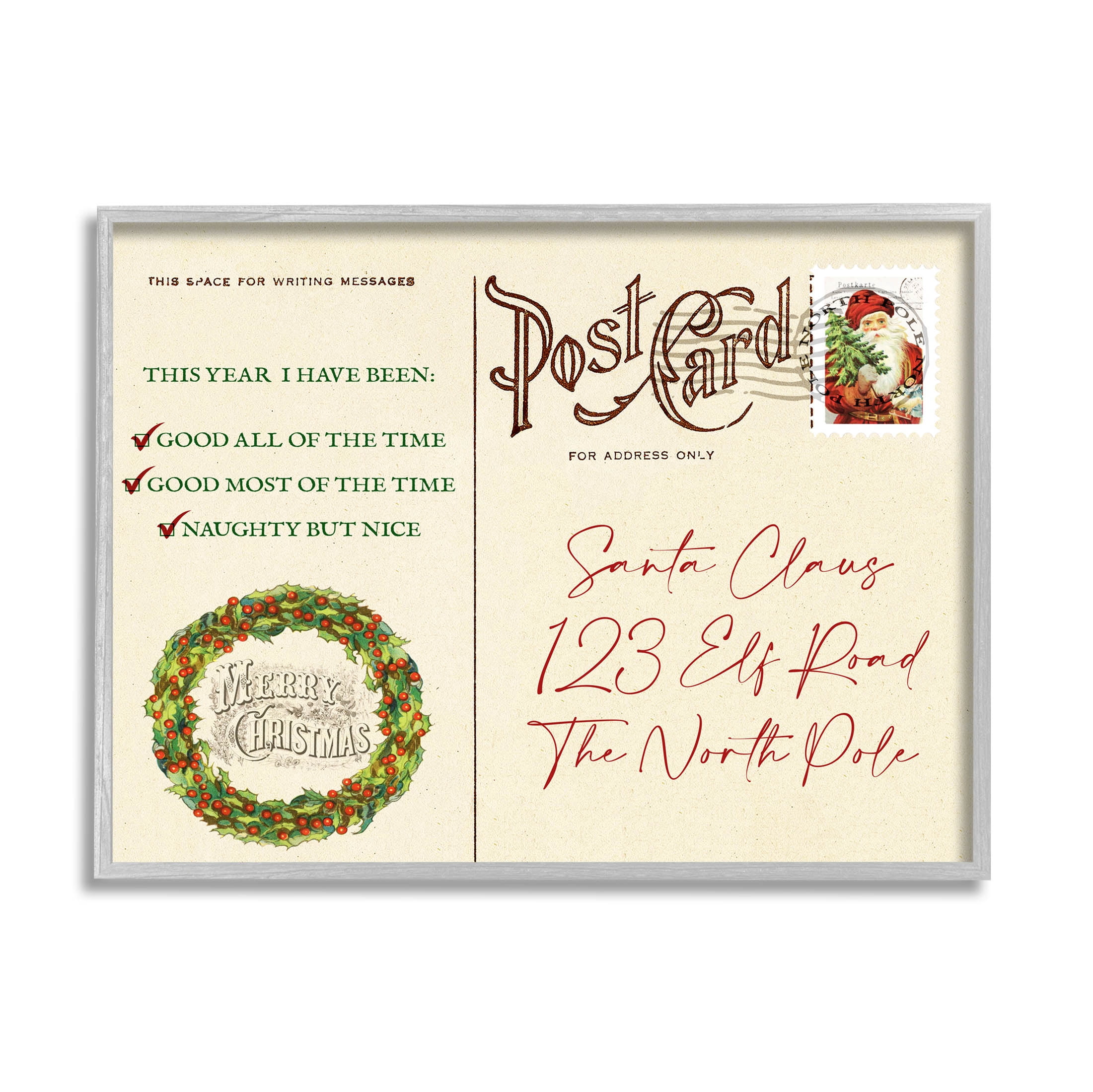 Stupell Industries Merry Christmas Vintage Postcard Graphic Art Gray Framed Art Print Wall Art, Design by Lil' Rue