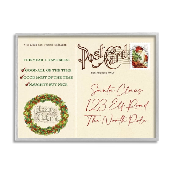 Stupell Industries Merry Christmas Vintage Postcard Graphic Art Gray Framed Art Print Wall Art, Design by Lil' Rue