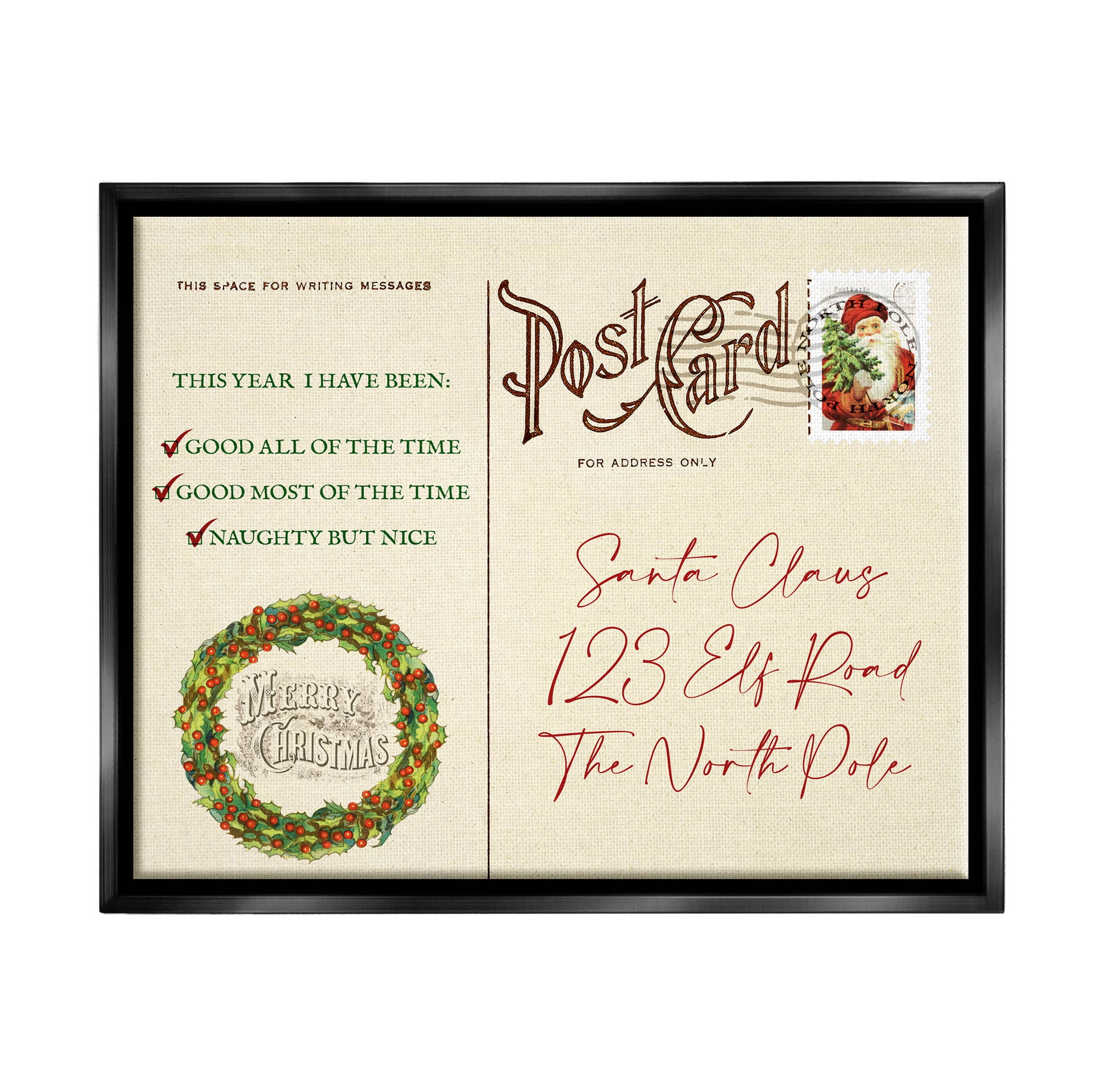 Stupell Industries Merry Christmas Vintage Postcard Graphic Art Jet Black Floating Framed Canvas Print Wall Art, Design by Lil' Rue
